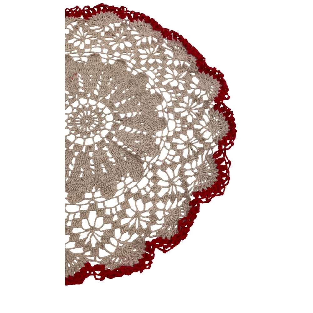Handmade Crochet Doily Beige Center With Red Edging 11" Round Tabletop Decor - Picture 5 of 8